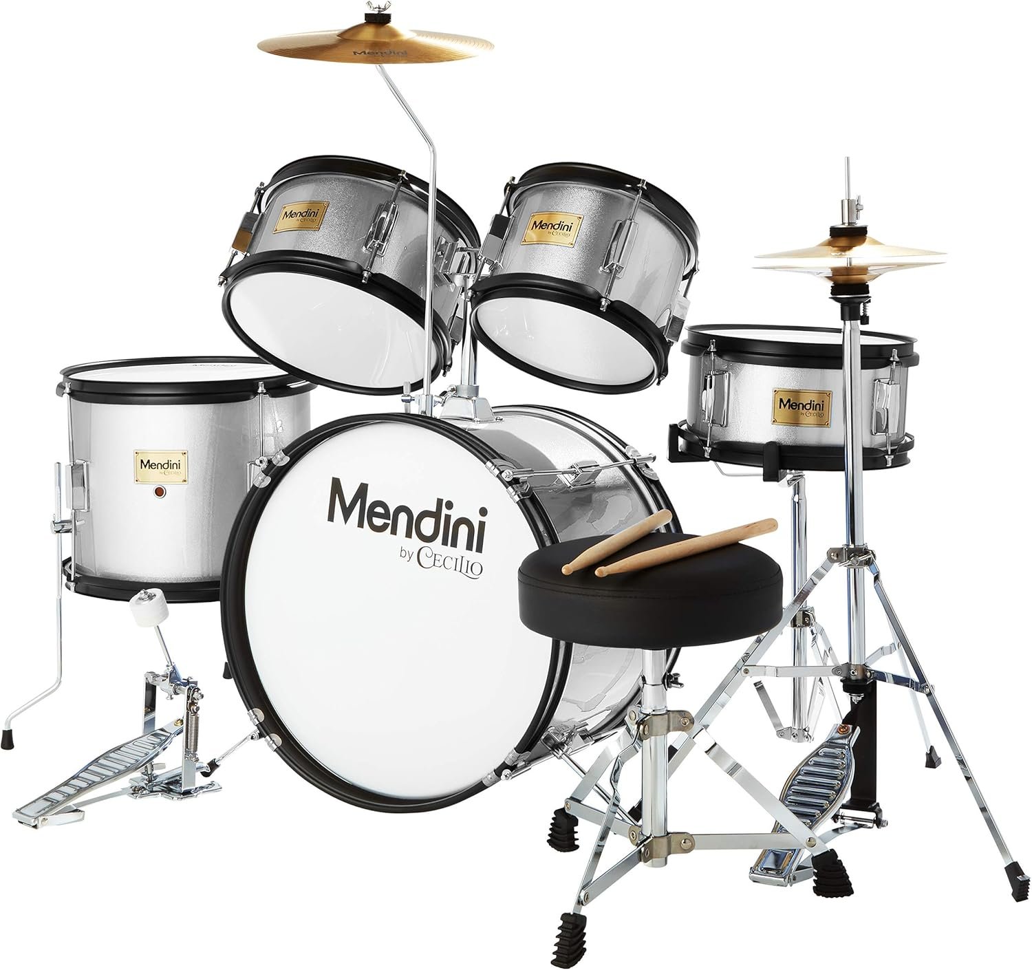 5-Piece Junior Kit with Bass, Toms, Snare, Cymbals & Seat (Metallic Silver)