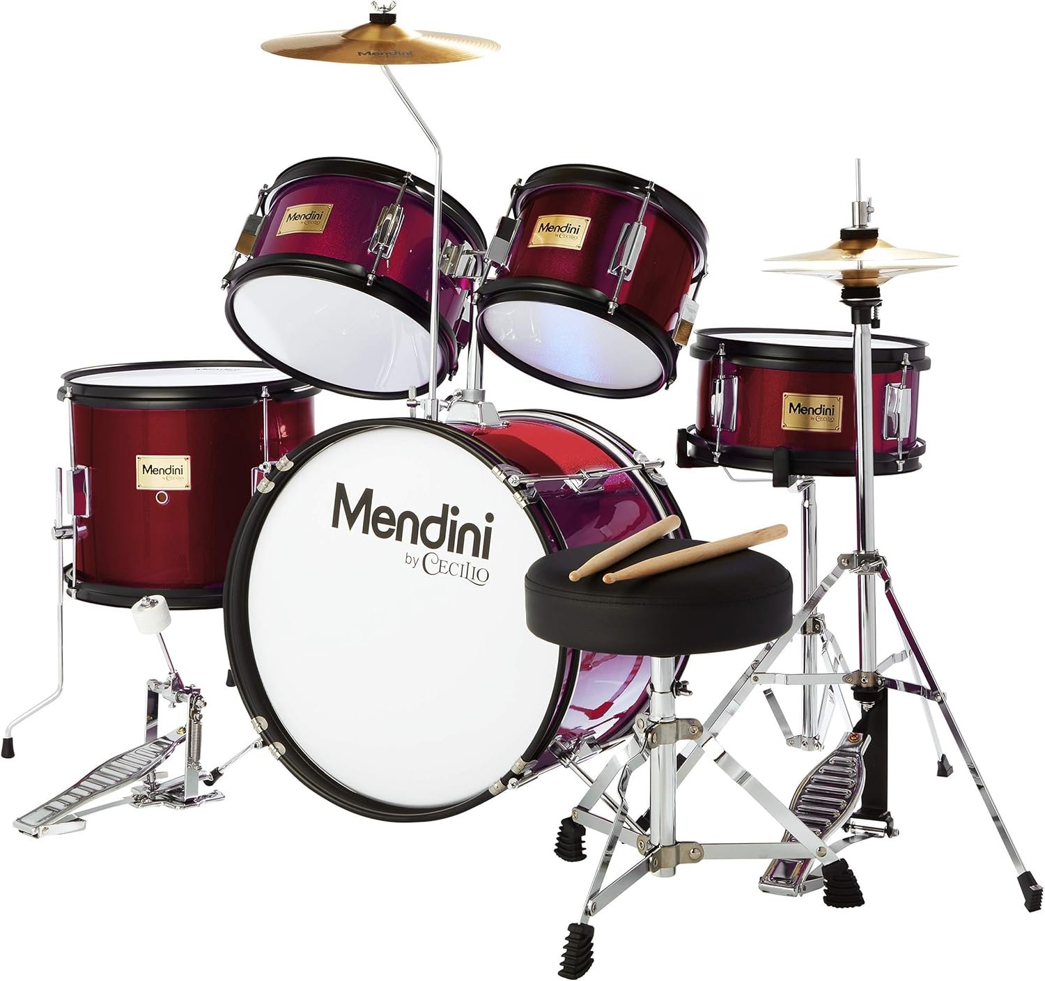 5-Piece Junior Kit with Bass, Toms, Snare, Cymbals & Seat (Metallic Red)